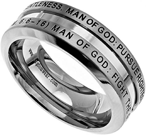 Ring (IND MOG 8) Solid Stainless Steel Man of God 1 Tim 6:6-16 Purity Ring wComfort Fit Interior