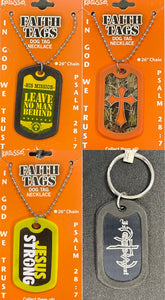 Faith Dog Tag Leave No Man Behind, Camo Cross, Jesus Strong (set of 3) + Dog Tag Key Chain NOTW