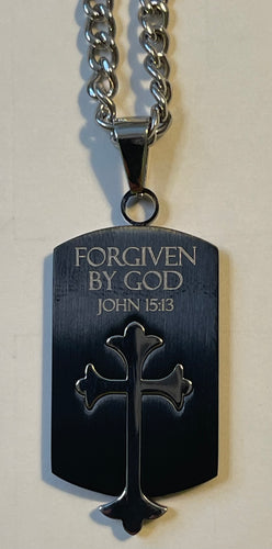 Necklace (2098 M Forgiven) Men's Black Old English Shield Cross John 15:13