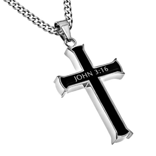 Necklace (GC BLK) Stainless Steel Cross Chain Forgiven John 3:16